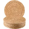 Natural round straw woven placemats and heat-resistant coasters in a stacked set - Diameter 10cm / Natural Wood Color