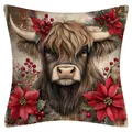 Rustikaler Weihnachts-Kissenbezug aus Leinen mit Hochlandrind-Print und roten Weihnachtssternen - Hochlandrind Variante 6