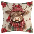 Weihnachtlicher Kissenbezug aus Leinen mit Hochlandrind und Weihnachtsstern-Druck - Hochlandrind Variante 7