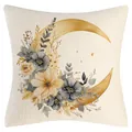 Elegant ethnic golden crescent moon and watercolor floral print linen throw pillowcase cover - Style 8 / 45x45CM No Pillow Core