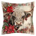 Weihnachtlicher Kissenbezug mit Hochlandrind und Weihnachtsstern auf Leinenhintergrund - Hochlandrind Variante 8