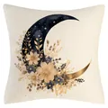 Vintage boho linen cushion cover featuring a golden floral crescent moon design - Style 9 / 45x45CM No Pillow Core