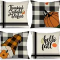 Set of 4 autumn pumpkin linen pillow covers featuring Hello Fall and plaid patterns for home - Halloween-1 / Set of 4