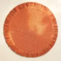 Bright orange round woven paper placemat with stylish decorative fringe tassel edges - Diameter 38cm / Tan