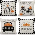 Set of fall-themed linen pillowcases with pumpkin prints and autumn farm market typography - Halloween-2 / Set of 4