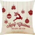 Weihnachts-Kissenbezug aus Leinen mit rotem Rentier und Ornamenten - Beige Weihnachtselemente Segen