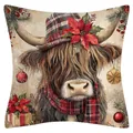 Weihnachts-Kissenbezug aus Leinen mit Hochlandrind-Motiv, Karo-Hut und Weihnachtsstern - Hochlandrind Variante 9