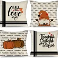 Four different autumn theme linen throw pillow covers with pumpkin and gnome prints - Halloween-3 / Set of 4