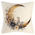 Bohemian ethnic style linen throw pillow cover with golden crescent moon and flowers - Style 11 / 45x45CM No Pillow Core
