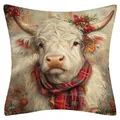 Hochwertiger Kissenbezug aus Leinen mit weihnachtlichem Hochlandkuh-Motivdruck für das Sofa - Hochlandrind Variante 10