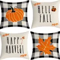 Set of 4 autumn linen throw pillow covers with pumpkin maple leaves design - Halloween-4 / Set of 4