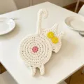 Handmade crochet cat-shaped coaster in cream white for dining table decor - White Cat Style (CD260614---1)