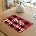 Red and black buffalo plaid placemat featuring Hello January script on a wooden table - January Style (20024-1) / 32x45cm