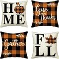 Set of four fall harvest themed linen pillowcases featuring buffalo plaid pumpkin and leaf - Halloween-6 / Set of 4