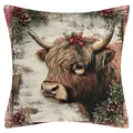 Funda de cojín navideña de lino con estampado festivo de vaca de las Highlands. - Vaca de las Tierras Altas Decorada (YM2508111-2) / 45x45cm (Sin Relleno)