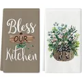 Set of 2 absorbent microfiber kitchen towels with Bless Our Kitchen and cotton boll prints - Bless Our Kitchen (MB25051219) / 2 Pcs/Set