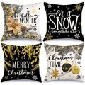Ensemble de 4 housses de coussin de Noël décoratives avec motifs festifs or et noir - Style de Vœux de Vacances / 4 Pièces / Noir Blanc Or