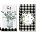 Two microfiber kitchen towels featuring Eucalyptus jar and Buffalo Plaid designs - Bless Our Home Plaid (MB2505127) / 2 Pcs/Set