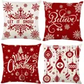Lot de 4 housses de coussin de Noël en lin rouge et blanc avec lettrage festif chic - Style de Vacances Nordique / 4 Pièces / Rouge de Noël Beige