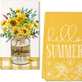 Set aus Küchenhandtüchern mit Sonnenblumen und hello SUMMER Aufdruck aus Mikrofaser - 2 Stück/Packung (40x60cm) / Sonnenblume
