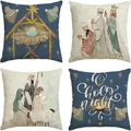Housses de coussin en lin de Noël avec scènes de nativité et texte O Holy Night - Style de Scène Religieuse / 4 Pièces / Bleu Foncé & Beige