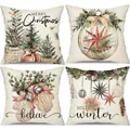 Lot de 4 housses de coussin de Noël en lin avec imprimés et textes festifs variés - Style d'Ornement de Flocon de Neige / 4 Pièces / Ton Beige Clair