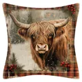 Funda de cojín navideña de lino con vaca de las Highlands y borde de cuadros rojos. - Vaca de las Tierras Altas en la Nieve (YM2508111-3) / 45x45cm (Sin Relleno)