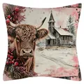 Funda de cojín navideña de lino rústico con estampado de vaca Highland e iglesia nevada. - Iglesia y Vaca de las Tierras Altas (YM2508111-4) / 45x45cm (Sin Relleno)