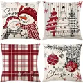 Set di 4 federe per cuscini natalizi in lino con pupazzo di neve e quadri - Rosso Bianco Grigio Nero
