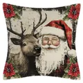 Housse de coussin de Noël en lin avec illustration de Père Noël et d'un renne festif - Père Noël et Renne (YM2508111-6) / 45x45cm (Sans Insert)