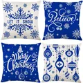 Set di 4 federe per cuscini natalizi in lino blu e bianco con motivi festivi - Blu Reale Beige