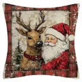 Housse de coussin de Noël en lin vintage avec motif père Noël et renne imprimé - Style Photo de Noël (YM2508111-8) / 45x45cm (Sans Insert)