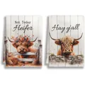 Two decorative kitchen towels featuring Highland cow prints and rustic English phrases - Highland Cow Print (MB2503171)