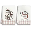 Absorbent white kitchen hand towels with coffee themed prints and gingham hem - Plaid Coffee Time Print (MB250317)