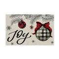 Festive Christmas linen placemat with Joy print and buffalo plaid ornaments design - Cream Plaid Ornament Ball Joy