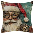 Housse de coussin en lin de Noël avec imprimé Père Noël steampunk - Design Gear Punk (YM2508111-12) / 45x45cm (Sans Insert)