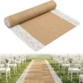 Alfombra pasillera de yute rústica con encaje blanco para ceremonia de boda en jardín exterior - Encaje de Yute Natural / 91x400cm
