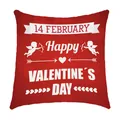 Detail van rode vierkante kussensloop met feestelijke Happy Valentine's Day-opdruk - 14 Februari Cupido Stijl (6709-13) / 45x45cm