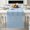 Light blue crocheted table runner on white wooden dining table with tableware - 30*91cm / Blue