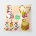 Decorative Easter throw pillow cover with cute bunny, colorful eggs and chick illustrations - 18x18 Inch / Off-white Rabbit and Chick (6801-1)