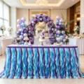 Ruffled willow table skirt in blue and purple for wedding dessert table decoration - 78x183cm / Mermaid