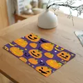 Festive Halloween pumpkin pattern cotton linen placemat displayed on a wooden table - 32*45cm / Purple Pumpkin Background (7603-8)