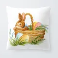 Watercolor Easter bunny and eggs throw pillow cover for festive holiday sofa decoration - 18x18 Inch / Rabbit in Basket with Eggs (6801-6)