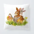 White Easter decorative throw pillow cover featuring watercolor hugging bunnies and eggs - 18x18 Inch / Two Hugging Rabbits (6801-7)