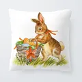 Square Easter cushion cover featuring a watercolor bunny and a colorful egg basket - 18x18 Inch / Brown Rabbit and Egg Basket (6801-8)
