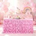 Elegant pink ruffled willow table skirt for birthday party and wedding dessert table decoration - 78x183cm / Pink