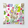 Watercolor Easter cushion cover featuring adorable bunnies and colorful egg patterns - 18x18 Inch / Rabbits and Pink Flowers (6801-9)