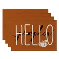 Set of 4 burnt orange cotton linen Thanksgiving placemats featuring a festive Hello Pumpkin print - Hello Pumpkin Orange Style (CD22924 -51) / 32*45CM (4 Pieces/Pack)