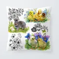 Easter throw pillow cover featuring watercolor bunny, ducklings and floral designs - 18x18 Inch / Realistic Rabbit with Flora and Fauna (6801-13)