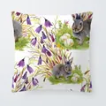 Decorative watercolor Easter rabbit and colorful eggs pattern square throw pillow cover - 18x18 Inch / Taupe Rabbit with Bellflowers (6801-14)